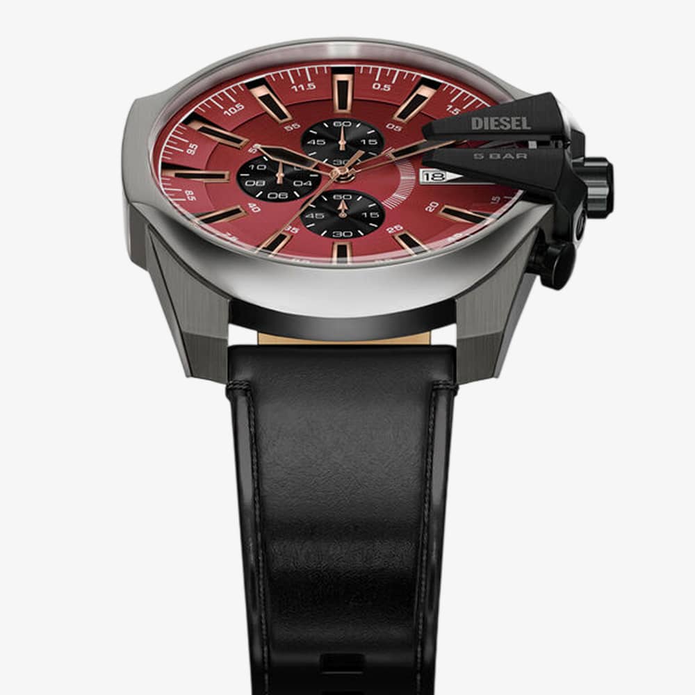 Diesel Mens Mega Chief Red Chronograph Dial Leather Strap Watch DZ4714