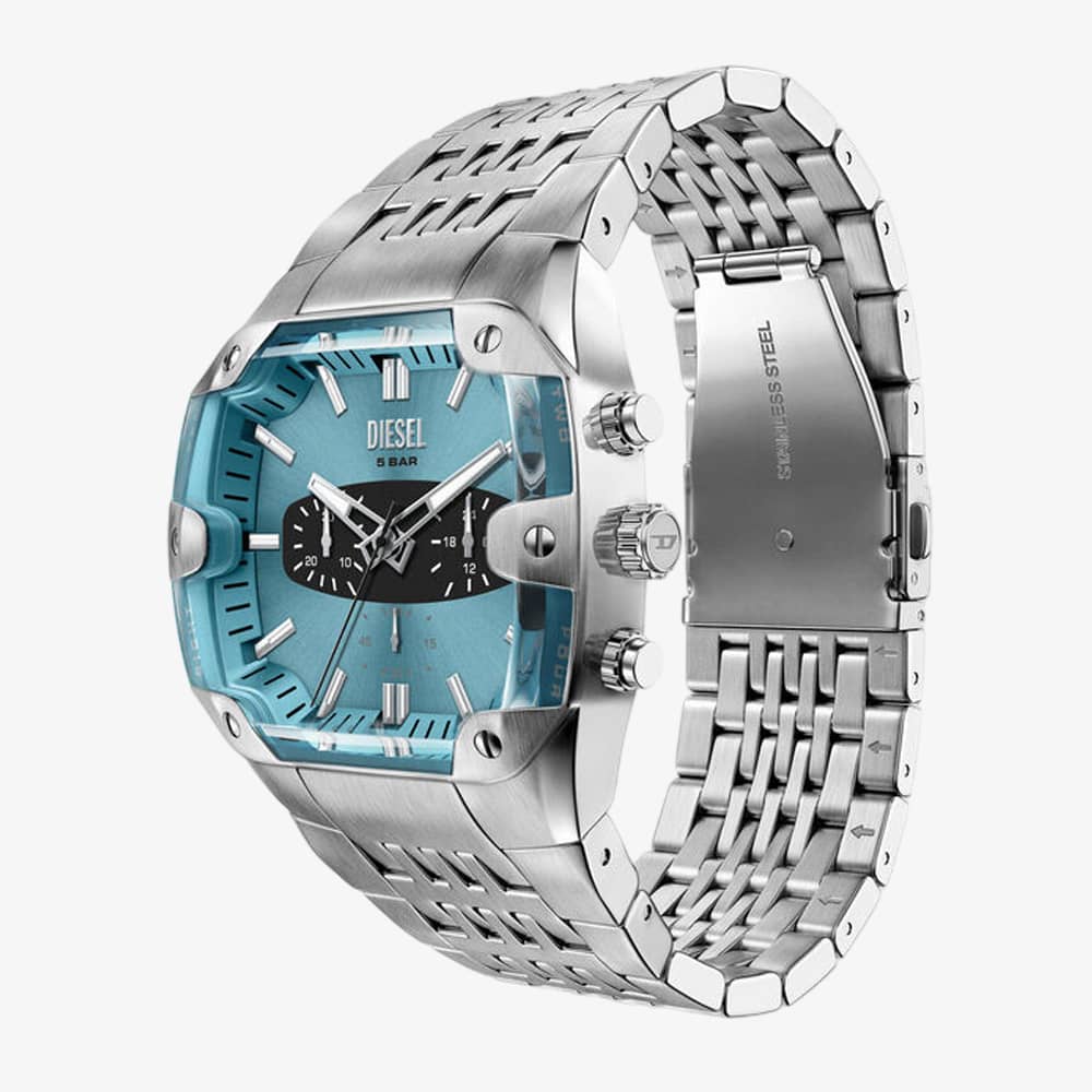 Diesel Mens Spiked Cushion Blue Chronograph Dial Bracelet Watch DZ4725