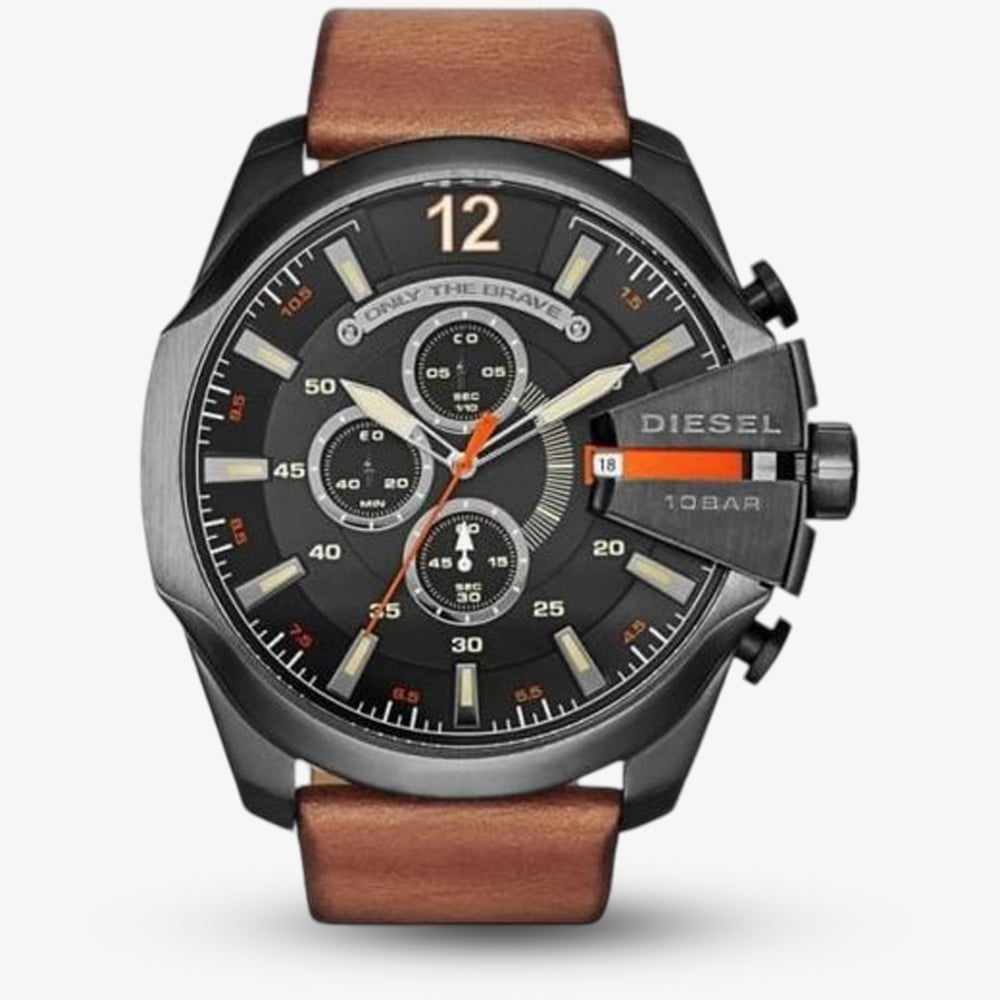 Diesel Mens Mega Chief Black Chronograph Dial Brown Leather Strap