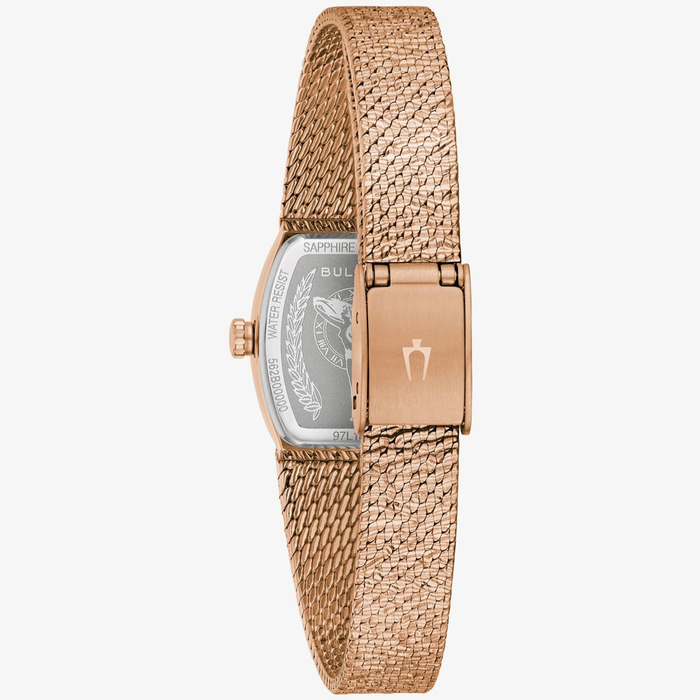 Bulova Ladies Goddess Of Time Rose Gold Plated Tigers Eye Dial Watch 97L185
