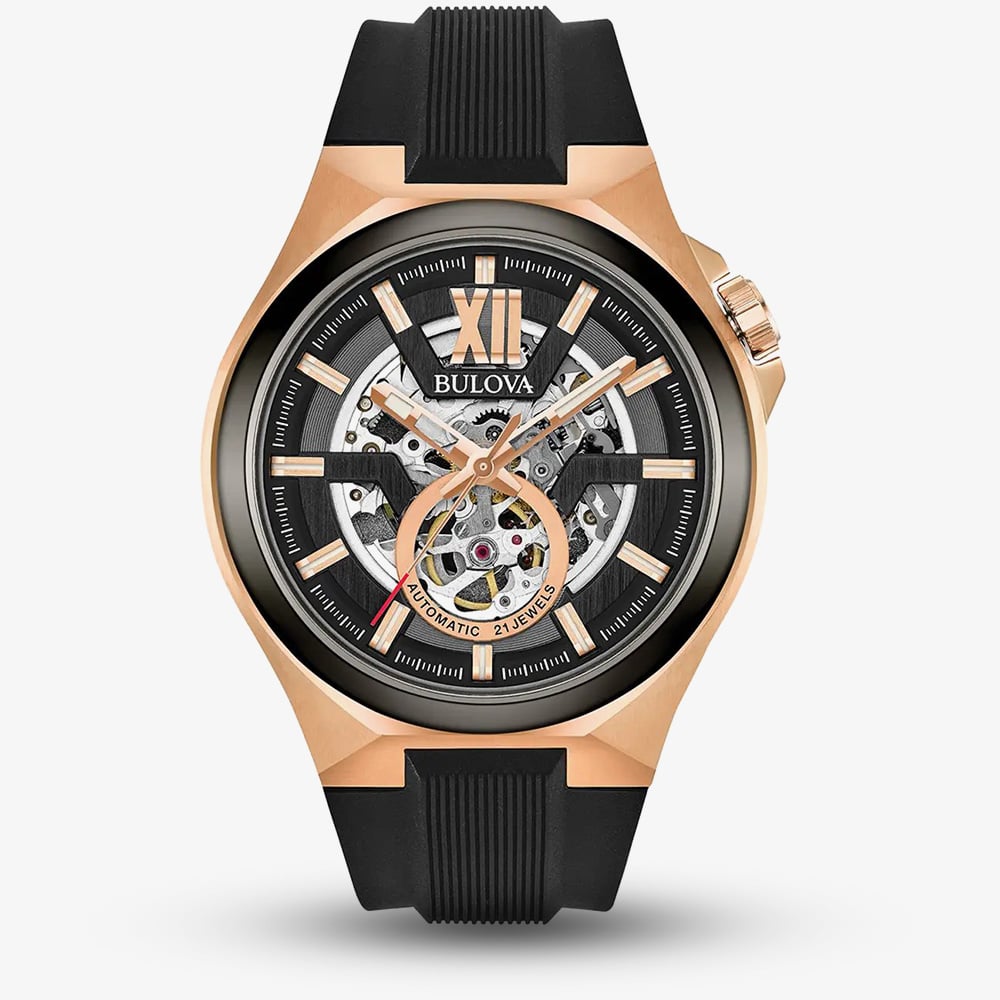 Click to view product details and reviews for Bulova Mens Maquina Rose Gold Tone Automatic Skeleton Watch 98a177.