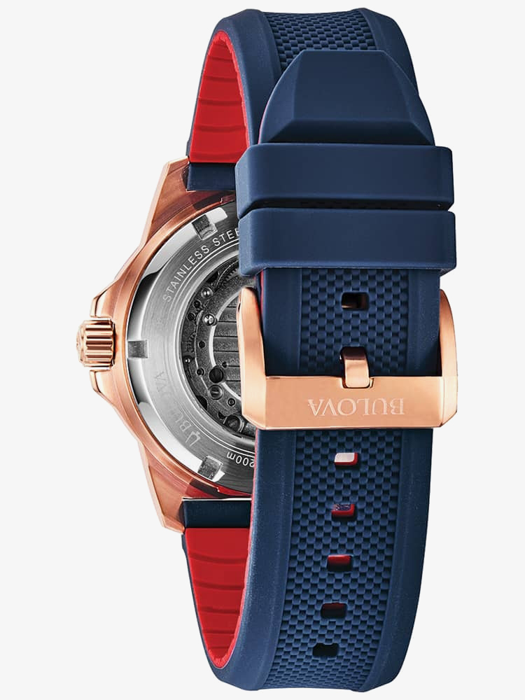 Bulova Mens Marine Star Rose Gold Plated Automatic Blue Dial Rubber Strap Watch 98A227