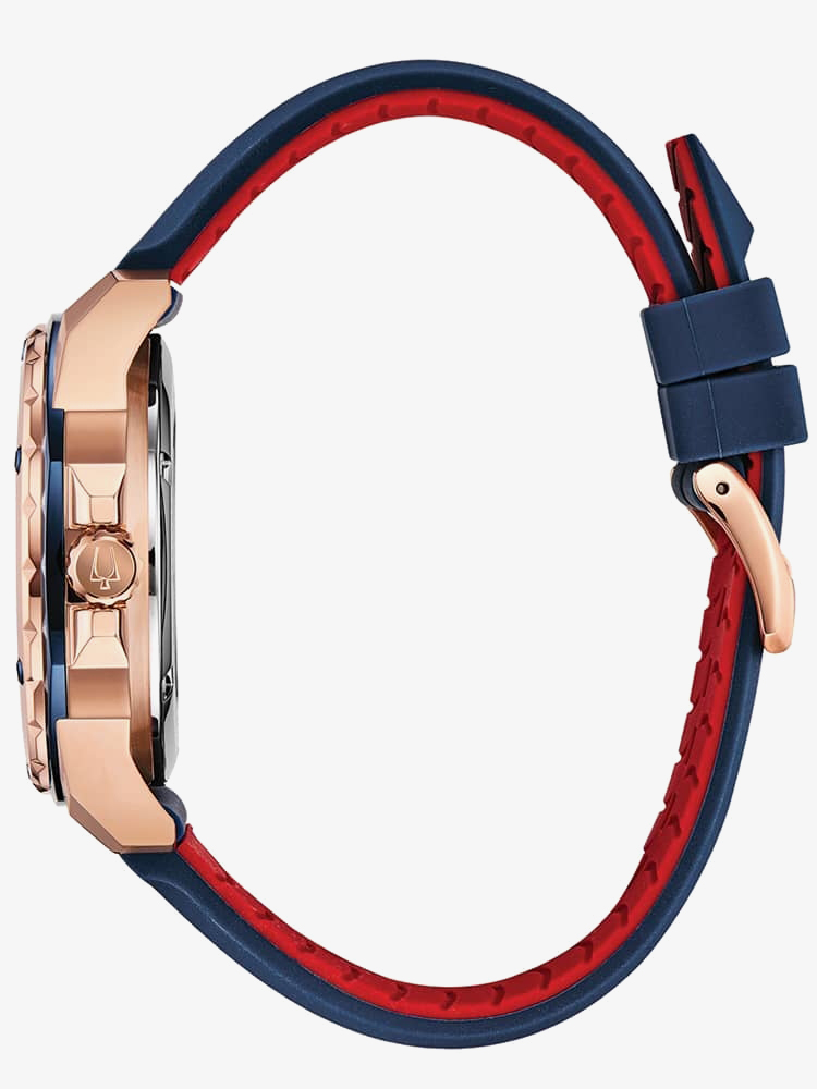 Bulova Mens Marine Star Rose Gold Plated Automatic Blue Dial Rubber Strap Watch 98A227