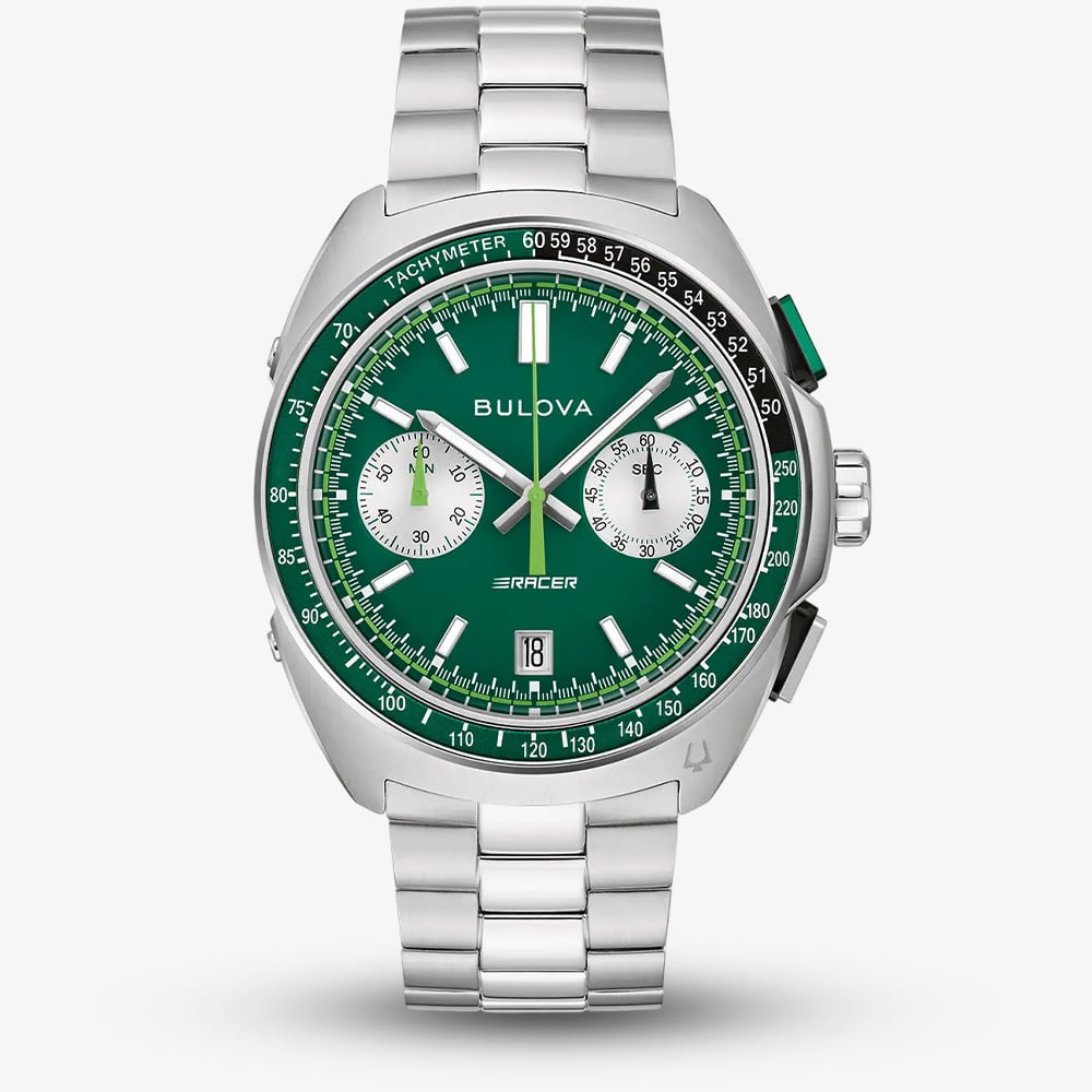 Bulova Mens Racer Chronograph Green Bracelet Watch 98B468