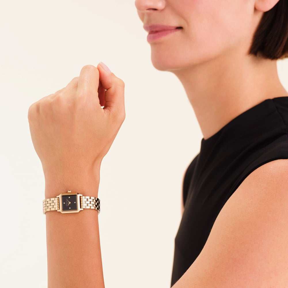 ROSEFIELD Ladies Boxelle Crystal Black Dial Golden Bracelet Watch BBGSG-B08