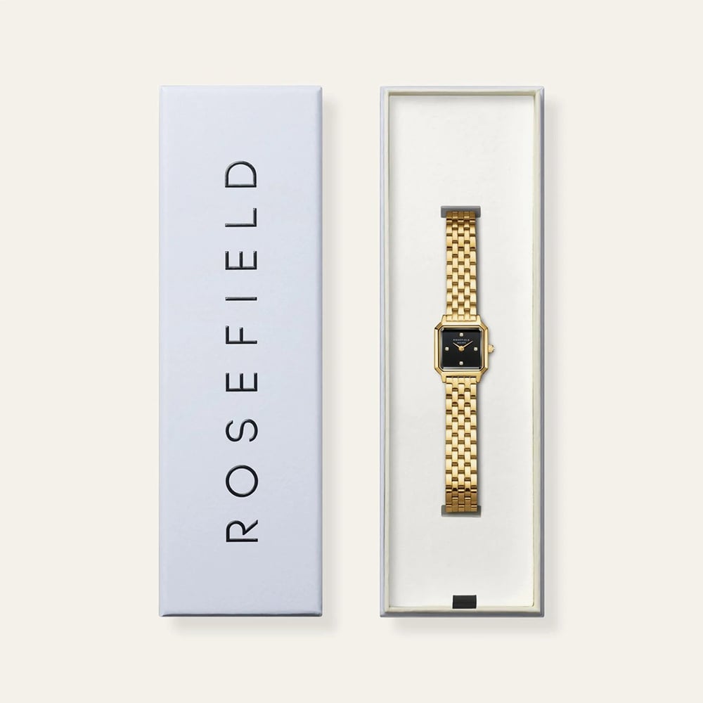 ROSEFIELD Ladies Boxelle Crystal Black Dial Golden Bracelet Watch BBGSG-B08
