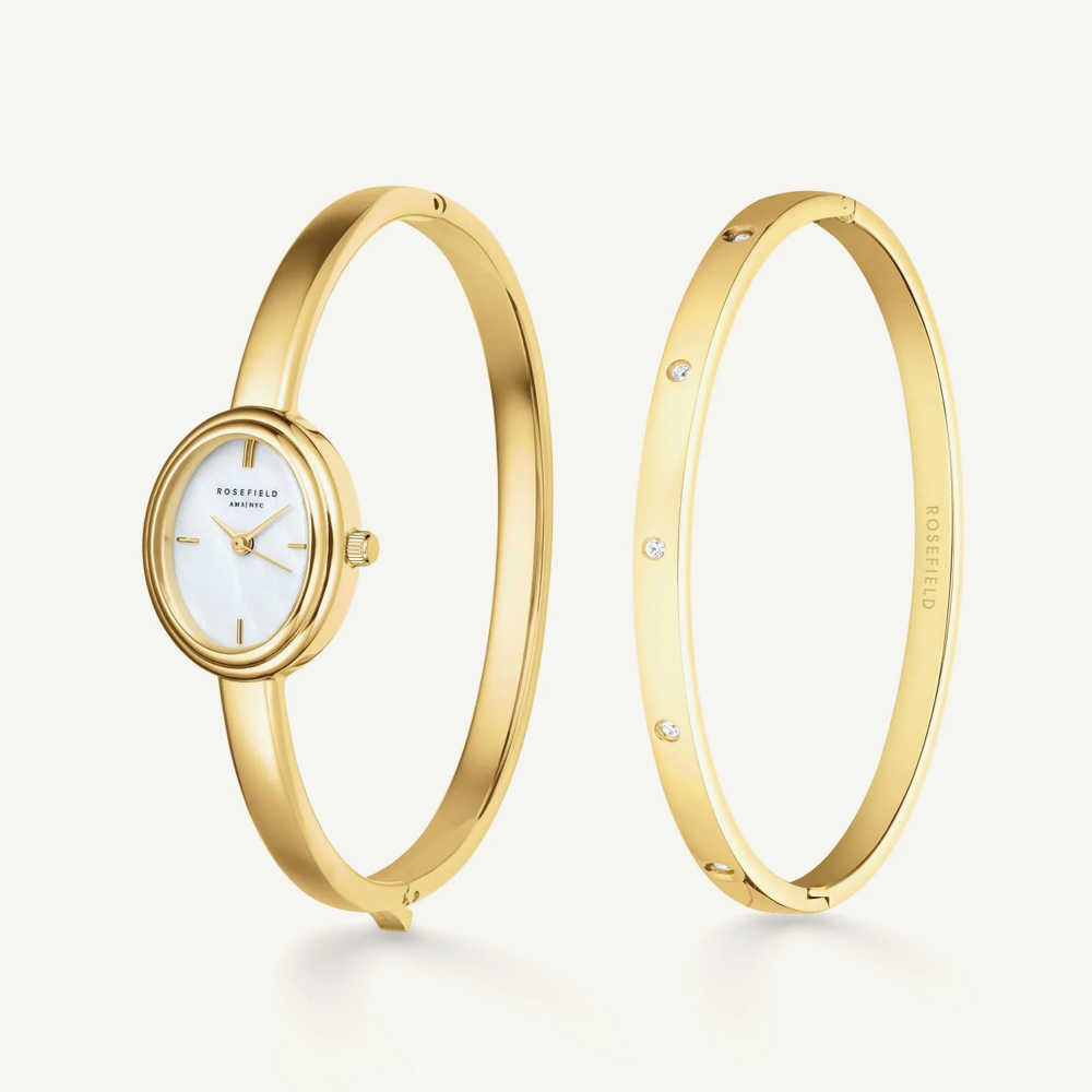 ROSEFIELD Ladies Studio Bangle White Mother of Pearl Golden Bangle Bracelet Watch & Crystal Bangle Gift Set BWGCG-X293
