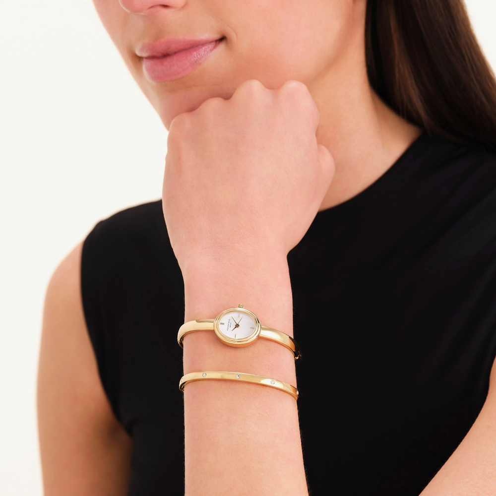 ROSEFIELD Ladies Studio Bangle White Mother of Pearl Golden Bangle Bracelet Watch & Crystal Bangle Gift Set BWGCG-X293