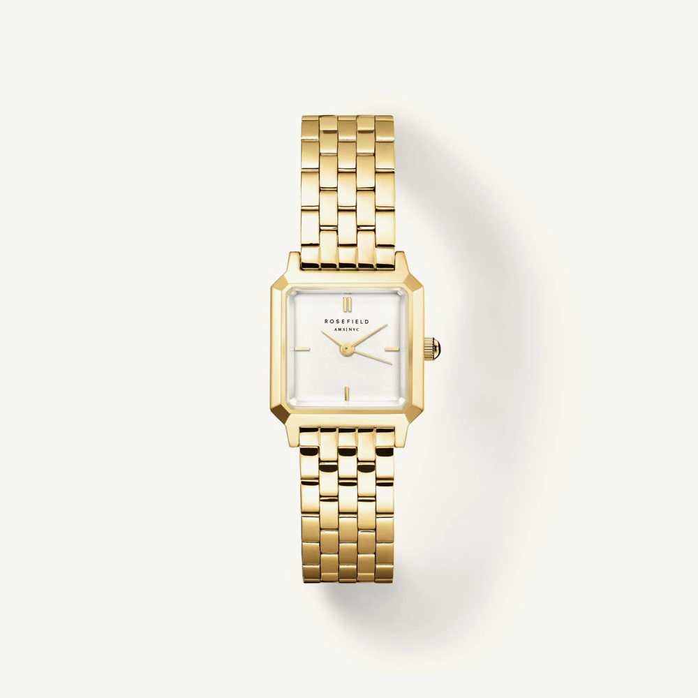 ROSEFIELD Ladies Boxelle White Dial Golden Bracelet Watch & Round Crystals Bracelet Gift Set BWGRC-X283