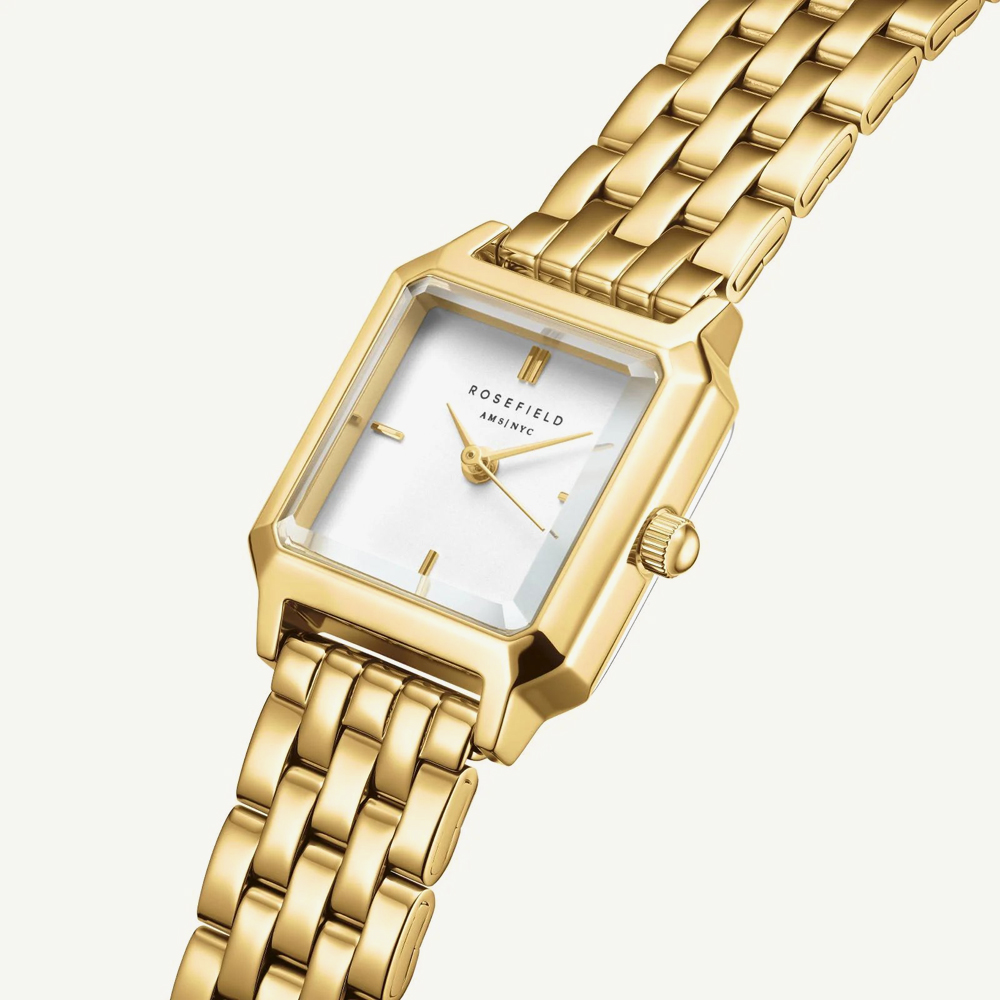 ROSEFIELD Ladies Boxelle White Dial Golden Bracelet Watch & Round Crystals Bracelet Gift Set BWGRC-X283