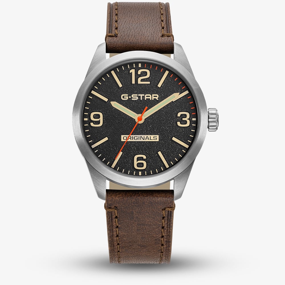 G Star Mens Originals Black Dial Brown Leather Strap Watch GSW.503.01