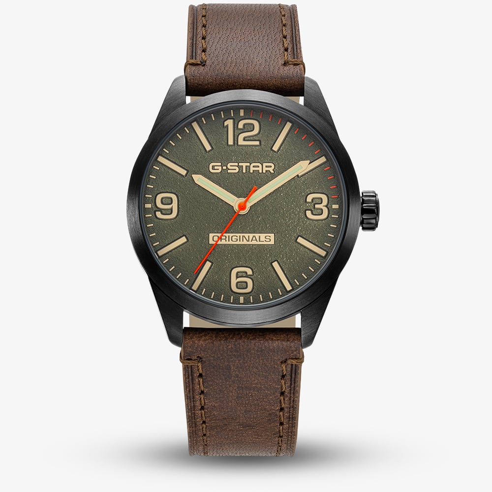 G Star Mens Originals Green Dial Brown Leather Strap Watch GSW.503.05
