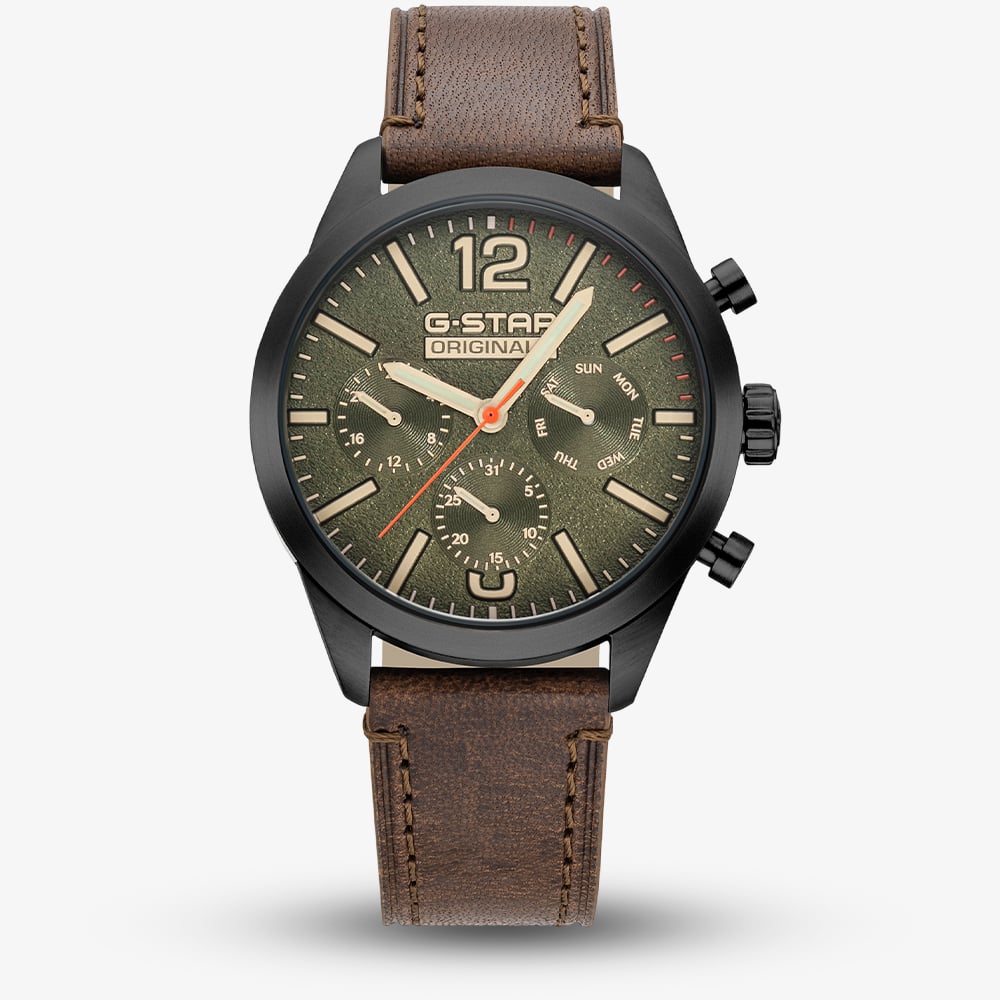 G Star Mens Originals Green Dial Brown Leather Strap Watch GSW.504.03