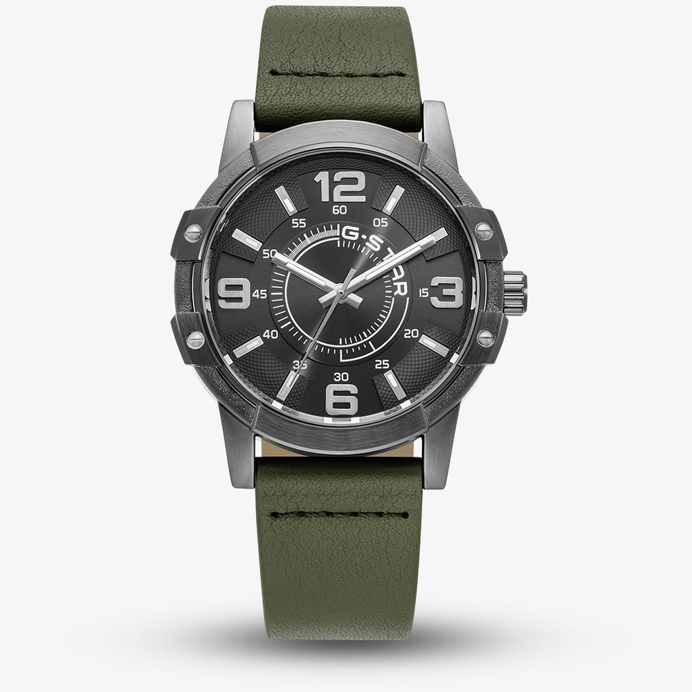 G Star Mens Constructed Black Dial Green Leather Strap Watch GSW.506.03