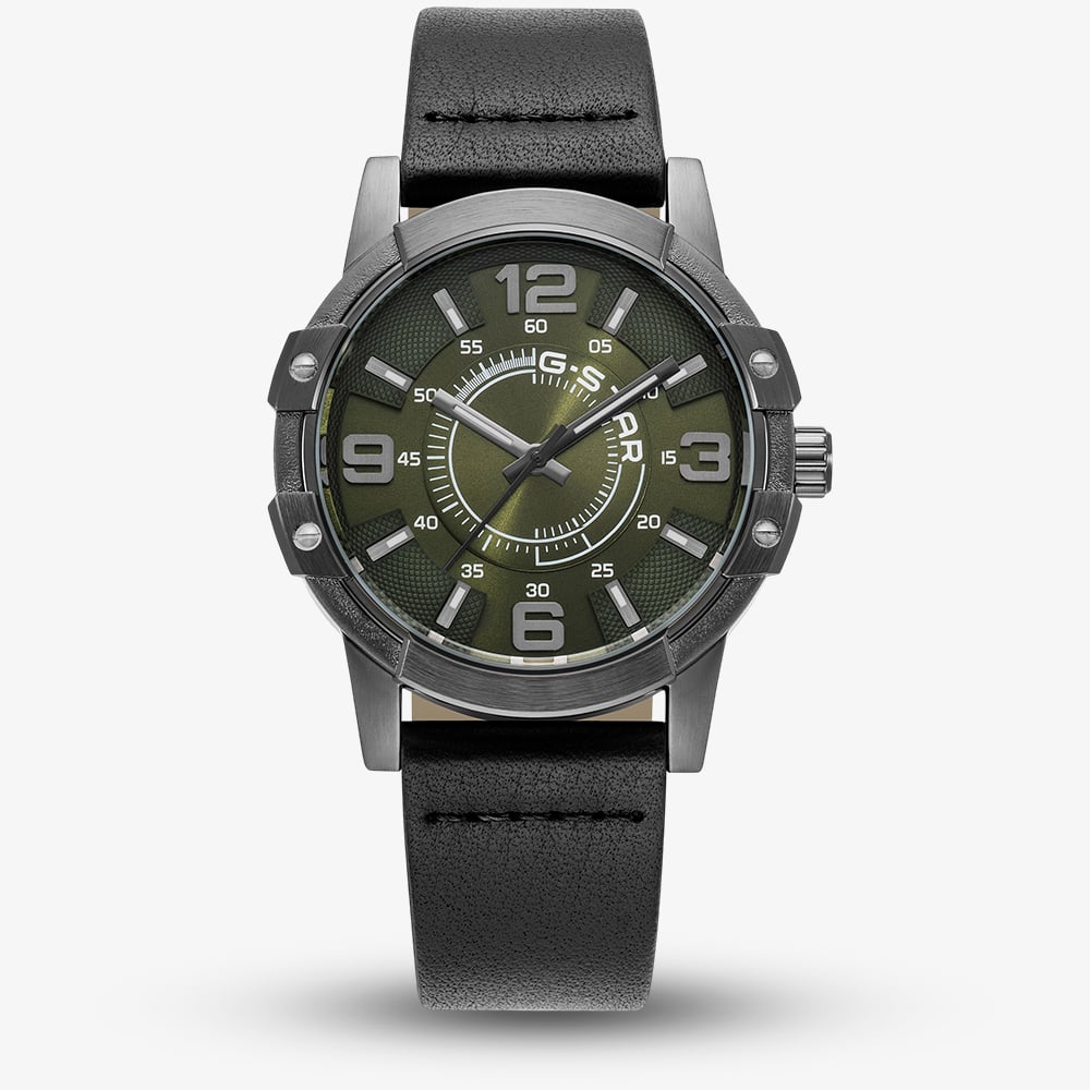 G Star Mens Constructed Green Dial Black Leather Strap Watch GSW.506.04