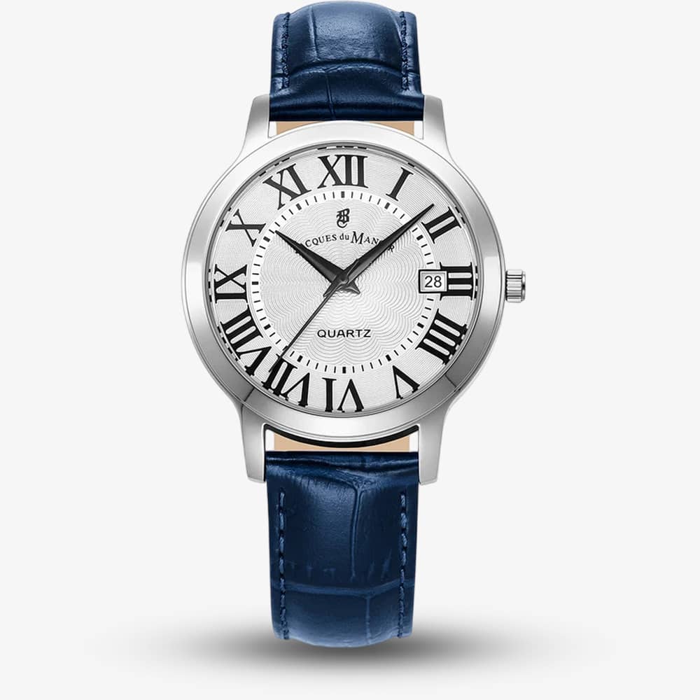 Jacques du Manoir Mens Genesis White Dial Blue Leather Strap Watch JWG04802