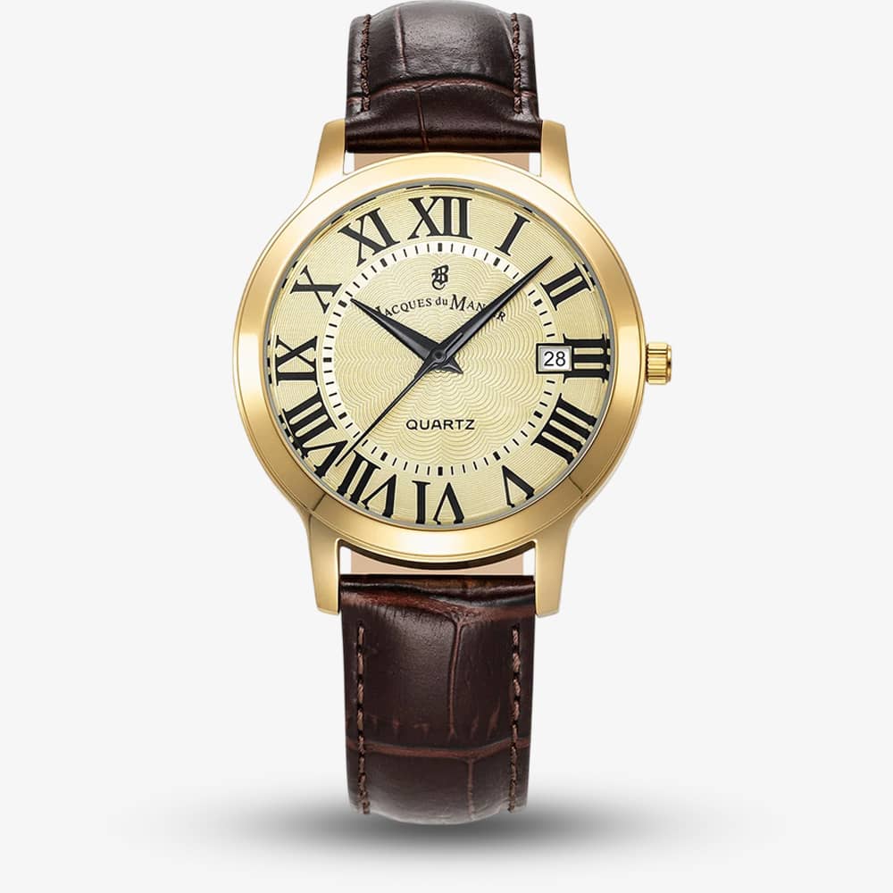 Jacques du Manoir Mens Genesis Gold Dial Brown Leather Strap Watch JWG04804