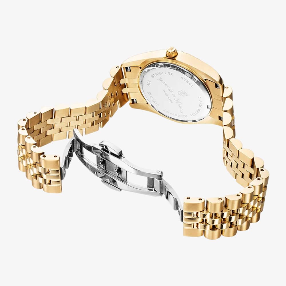Jacques du Manoir Ladies Inspiration Elegance White Mother Of Pearl Dial Gold Tone Stainless Steel Bracelet Watch JWL01203