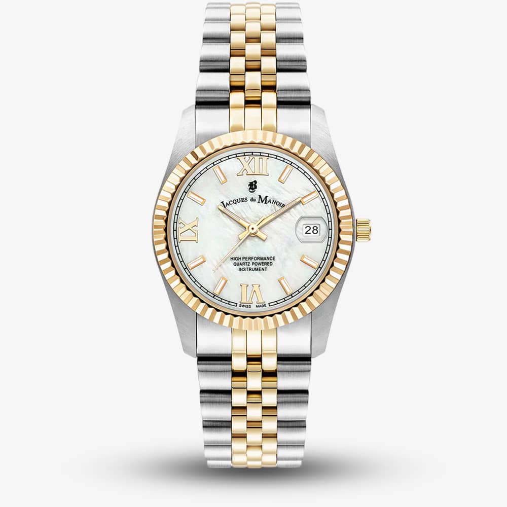 Jacques du Manoir Ladies Inspiration Roman White Mother Of Pearl Dial Two Tone Stainless Steel Bracelet Watch JWL01303