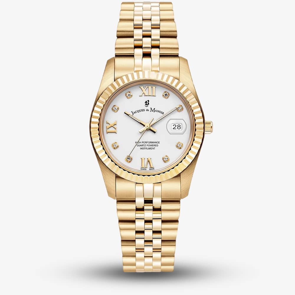 Jacques du Manoir Ladies Inspiration Roman II White Dial Gold Tone Stainless Steel Bracelet Watch JWL01306