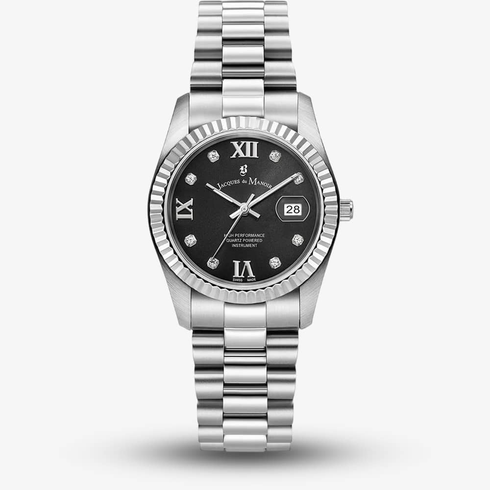 Jacques du Manoir Ladies Inspiration Roman II Black Dial Stainless Steel Bracelet Watch JWL01308