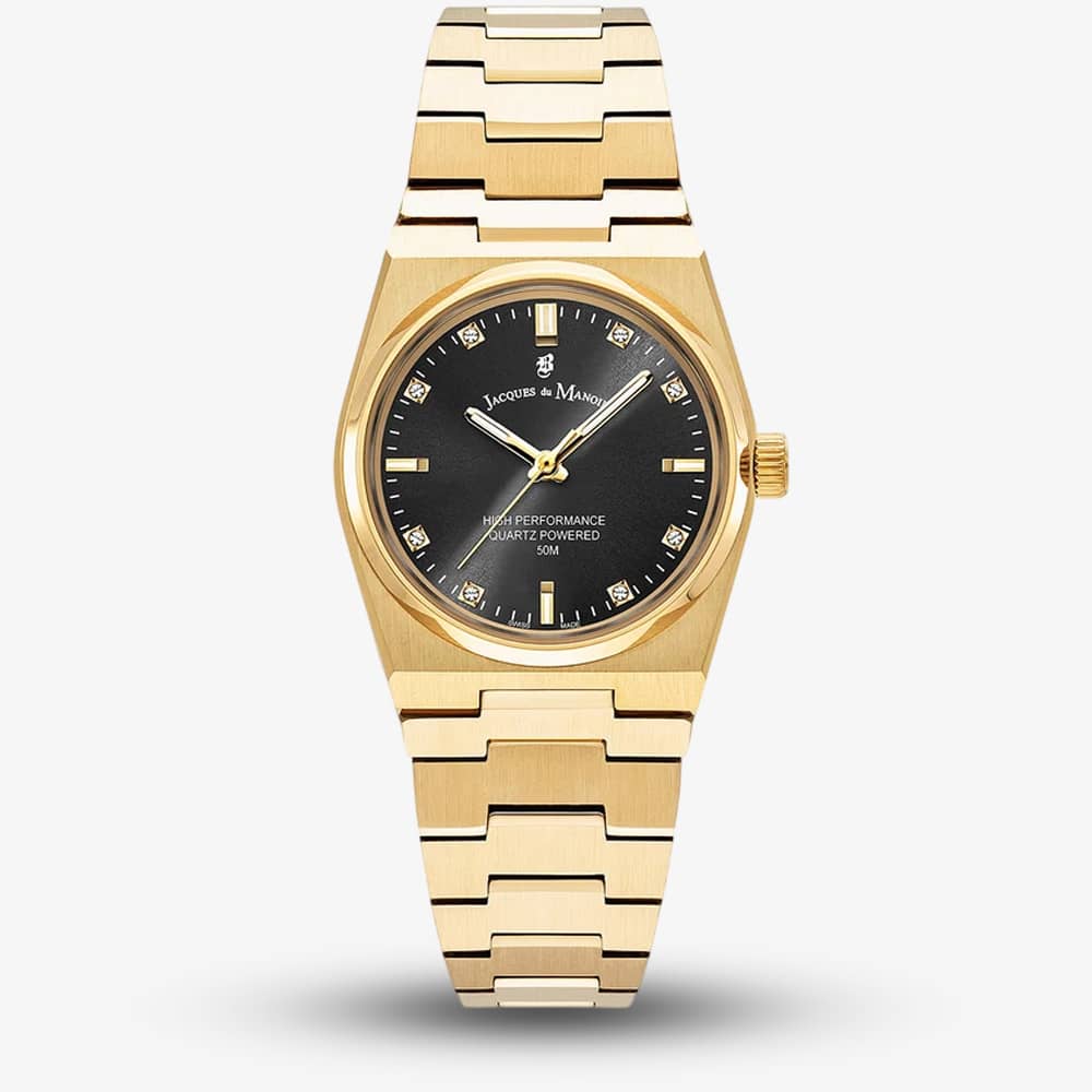 Jacques du Manoir Ladies Horizon Black Dial Gold Tone Stainless Steel Bracelet Watch JWL03604