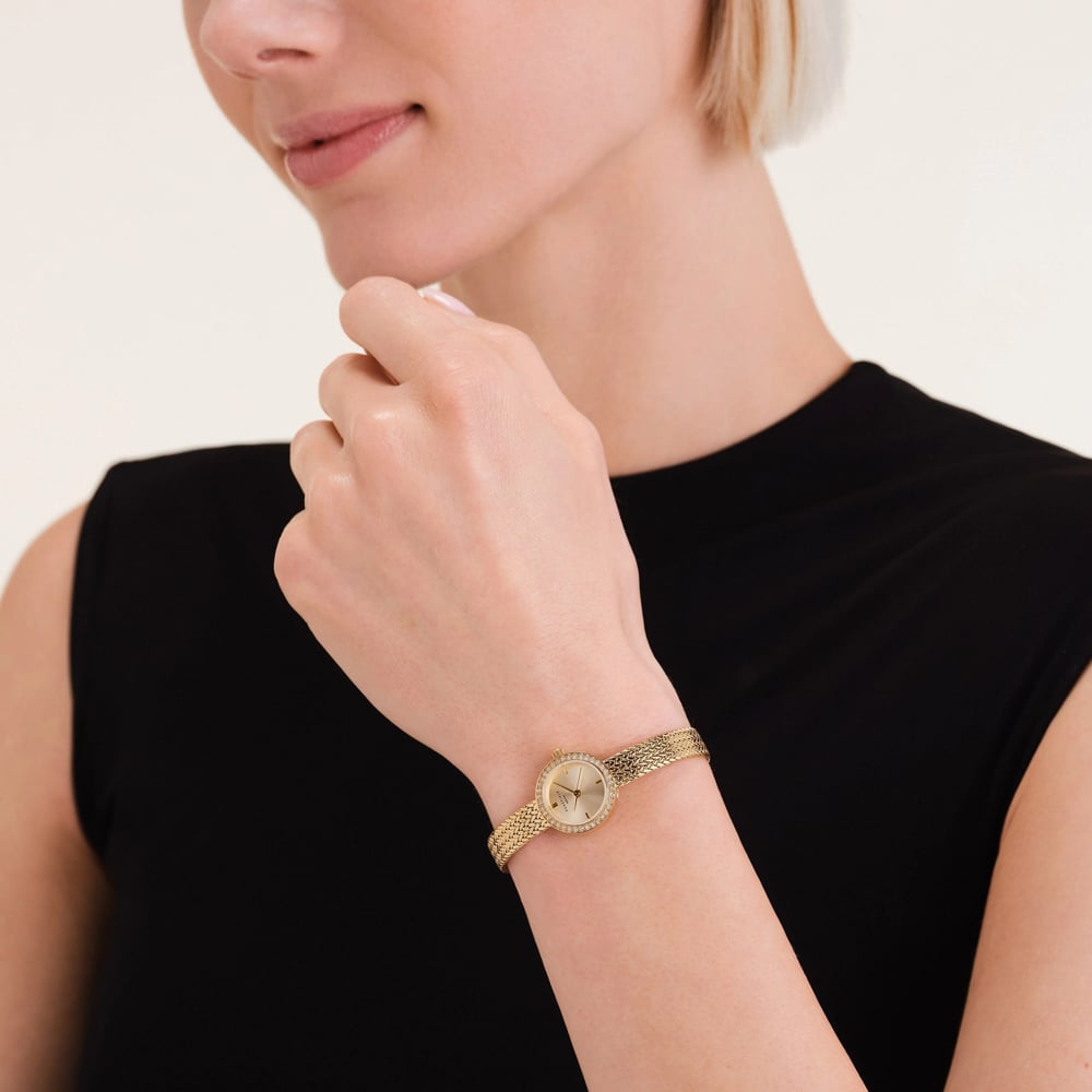 ROSEFIELD Ladies Mini Circle Pave Crystal Champagne Dial Golden Bracelet Watch MCGMG-M03