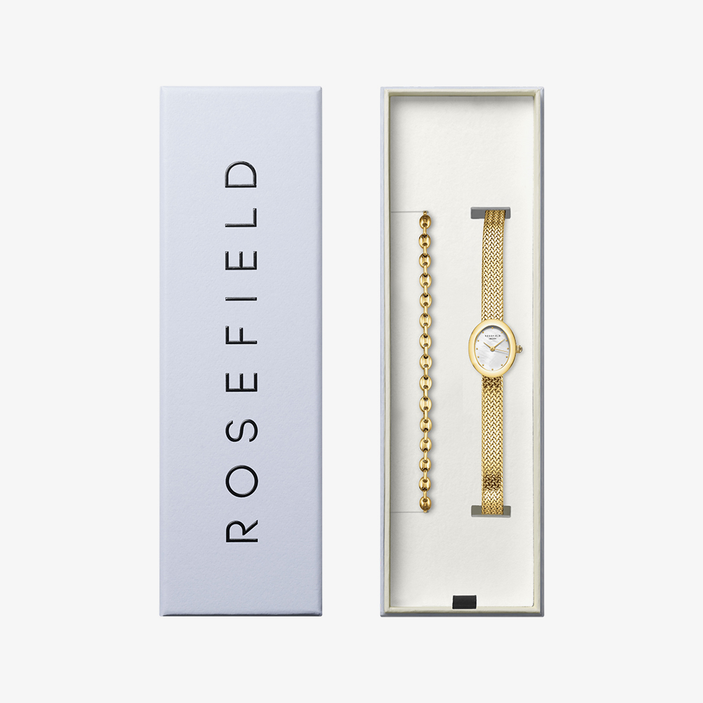 ROSEFIELD Ladies Mini Oval White Mother of Pearl Dial Golden Bracelet Watch &amp; Coffee Bean Bracelet Gift Set MOGCB-X289