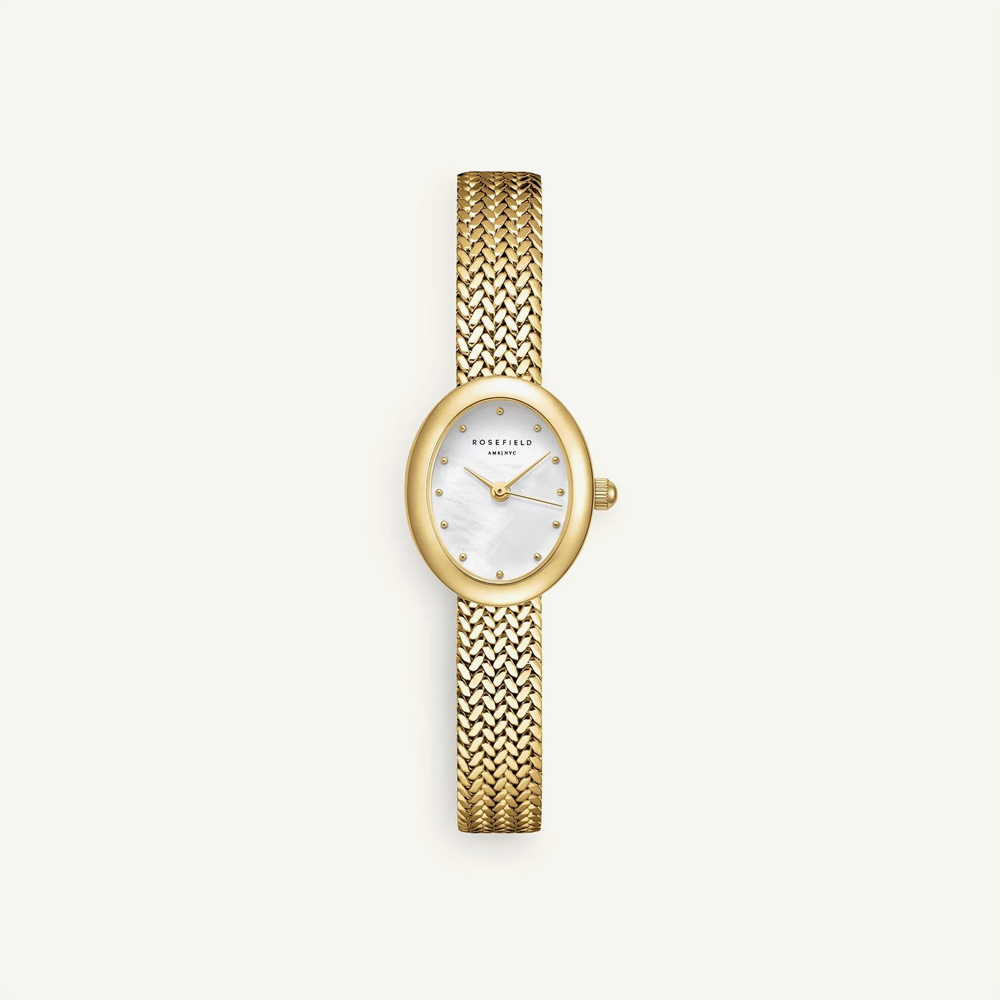 ROSEFIELD Ladies Mini Oval White Mother of Pearl Dial Golden Bracelet Watch & Coffee Bean Bracelet Gift Set MOGCB-X289