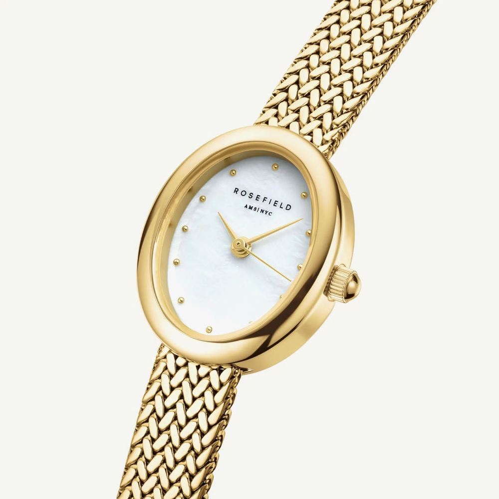 ROSEFIELD Ladies Mini Oval White Mother of Pearl Dial Golden Bracelet Watch & Coffee Bean Bracelet Gift Set MOGCB-X289