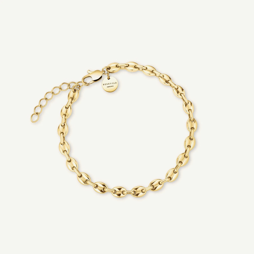 ROSEFIELD Ladies Mini Oval White Mother of Pearl Dial Golden Bracelet Watch & Coffee Bean Bracelet Gift Set MOGCB-X289