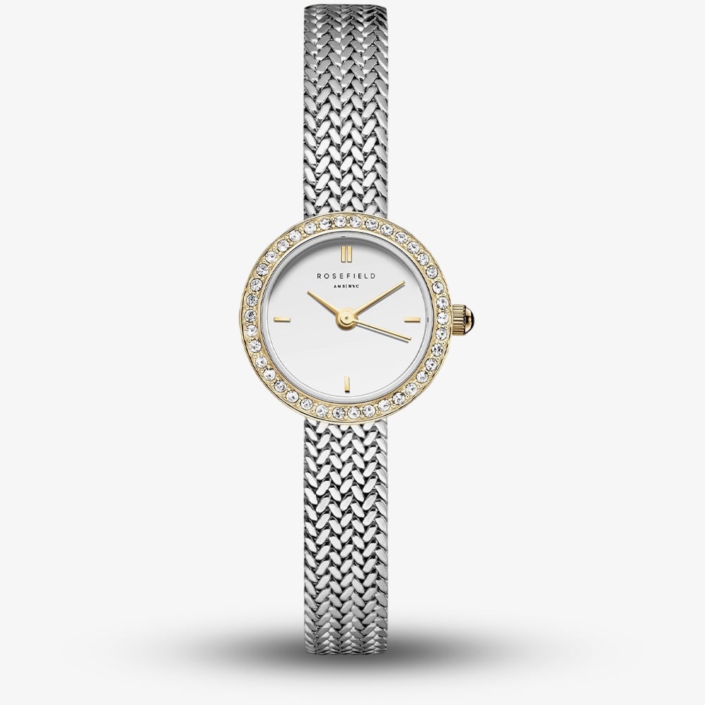ROSEFIELD Ladies Mini Circle Pave Crystal White Dial Two Tone Bracelet Watch MWSMG-M06