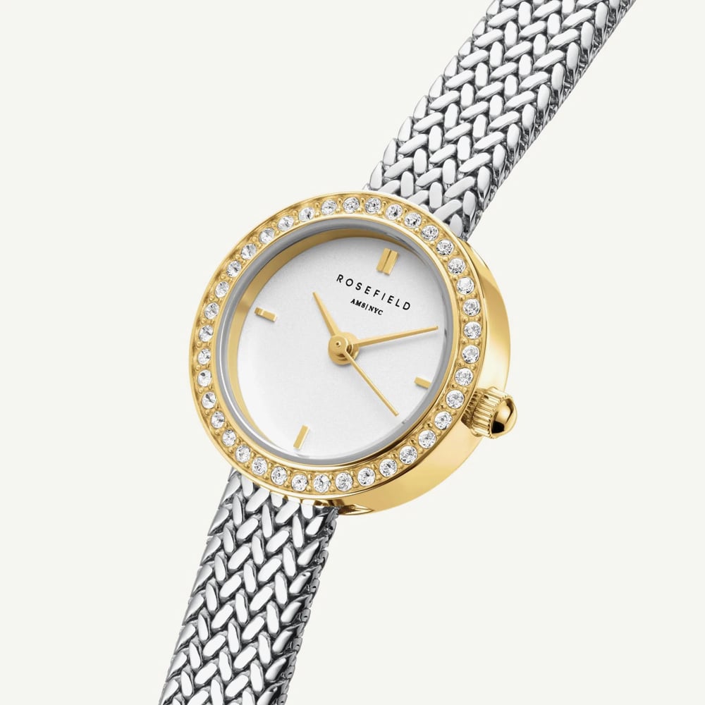 ROSEFIELD Ladies Mini Circle Pave Crystal White Dial Two Tone Bracelet Watch MWSMG-M06
