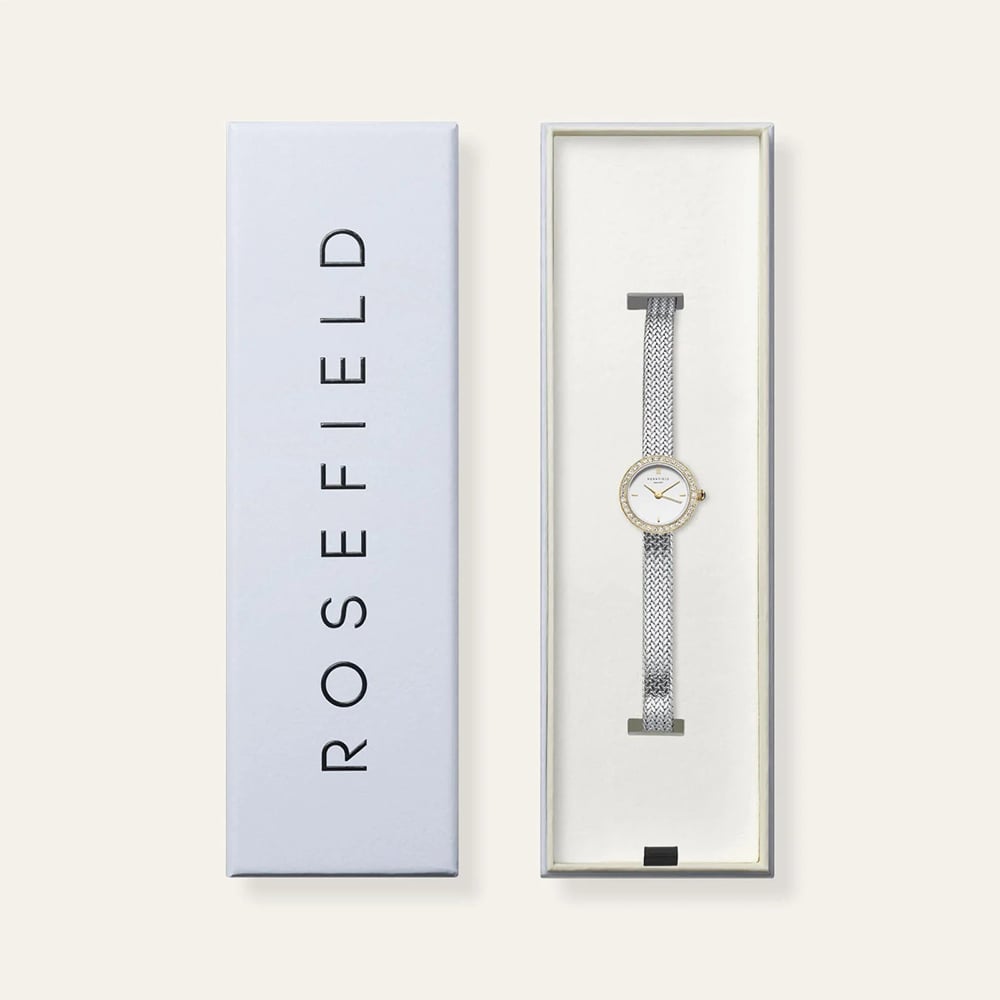 ROSEFIELD Ladies Mini Circle Pave Crystal White Dial Two Tone Bracelet Watch MWSMG-M06