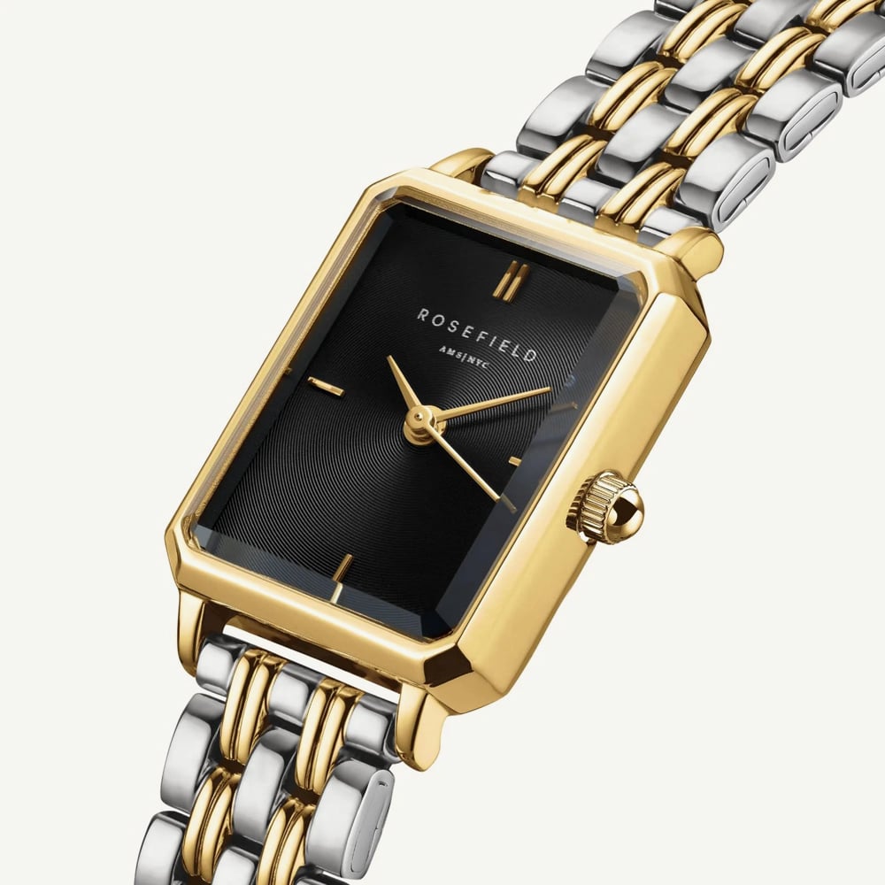 ROSEFIELD Ladies Octagon XS Black Dial Two Tone Bracelet Watch OBDSG-O88