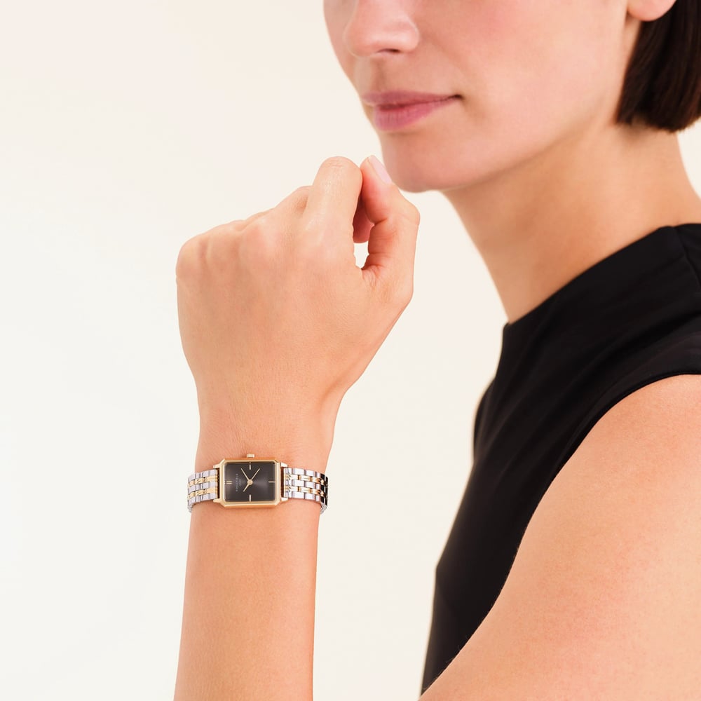 ROSEFIELD Ladies Octagon XS Black Dial Two Tone Bracelet Watch OBDSG-O88