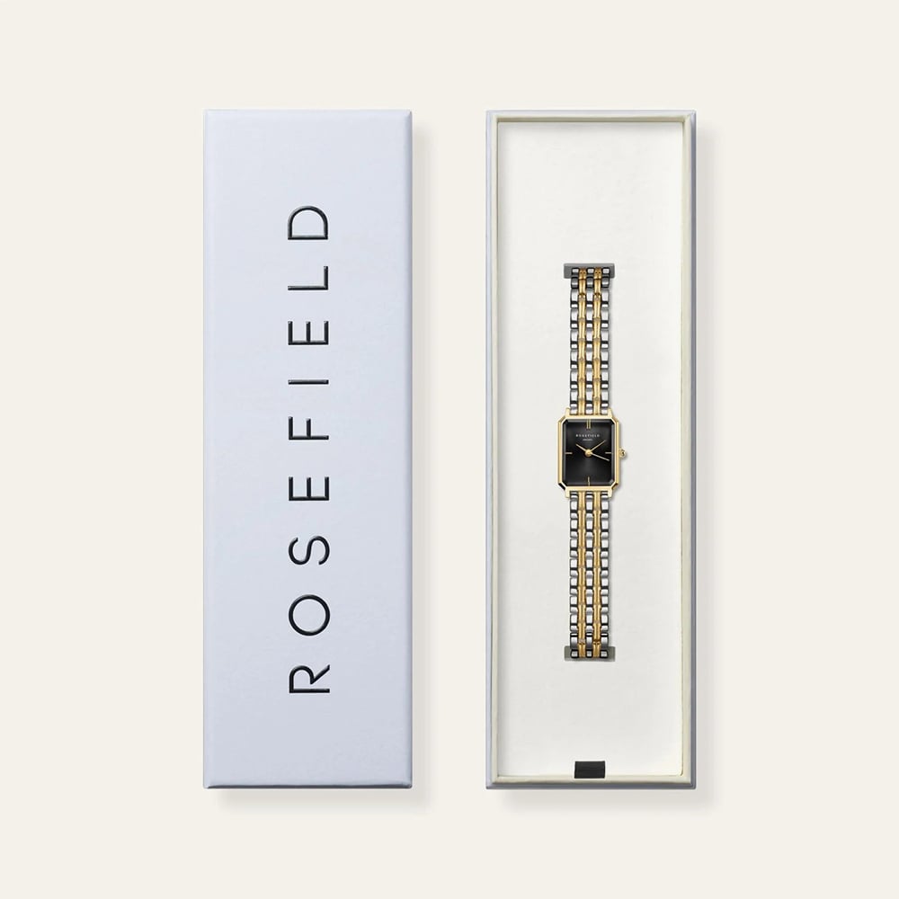 ROSEFIELD Ladies Octagon XS Black Dial Two Tone Bracelet Watch OBDSG-O88