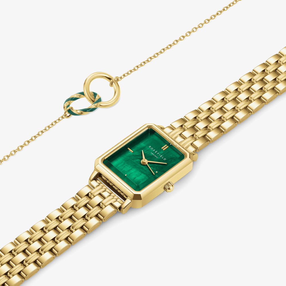ROSEFIELD Ladies Octagon XS Green Mother of Pearl Dial Golden Bracelet Watch & Emerald Duo Bracelet Gift Set OEGED-X288