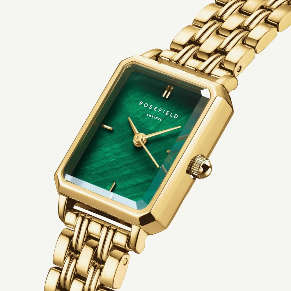 ROSEFIELD Ladies Octagon XS Green Mother of Pearl Dial Golden Bracelet Watch & Emerald Duo Bracelet Gift Set OEGED-X288