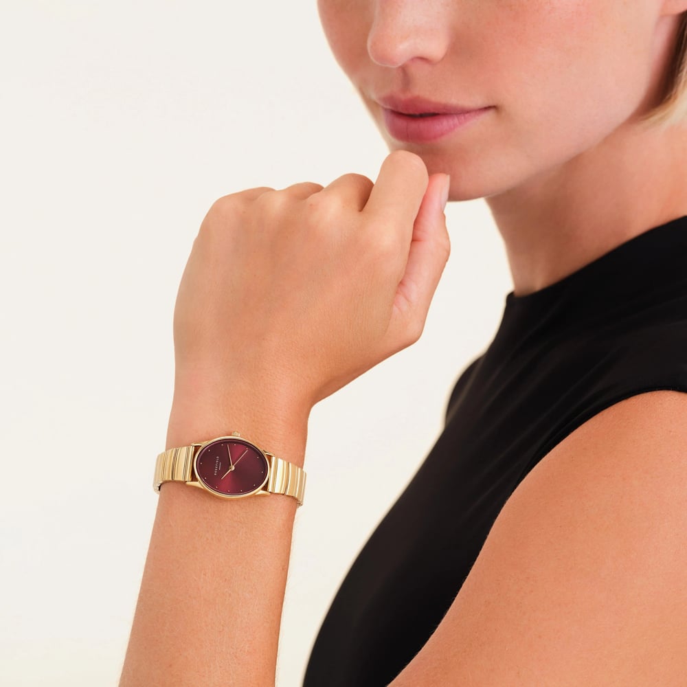 ROSEFIELD Ladies Oval Burgundy Dial Golden Bracelet Watch OVGSG-OV15