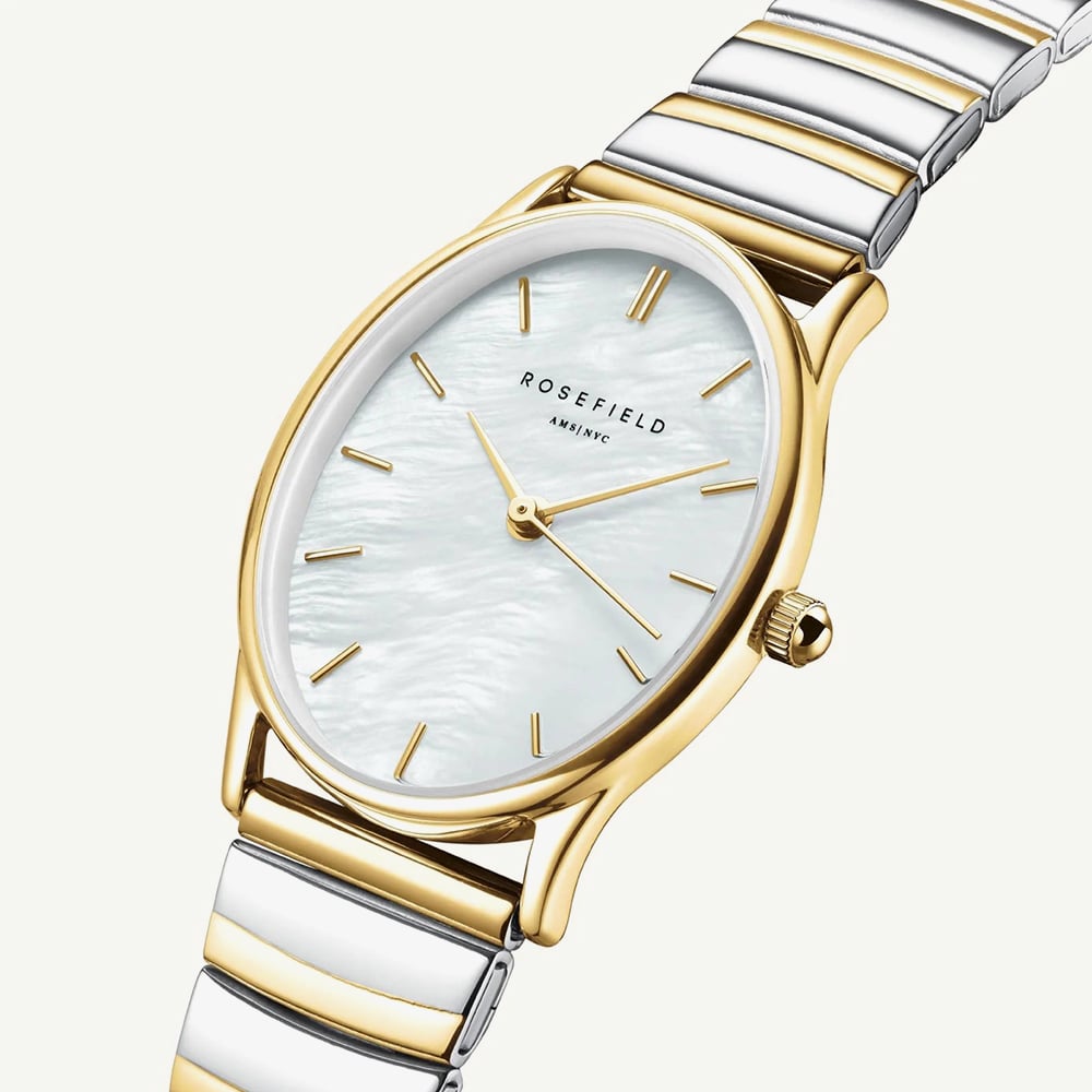 ROSEFIELD Ladies Oval White Mother of Pearl Dial Two Tone Bracelet Watch OVWDSG-OV17