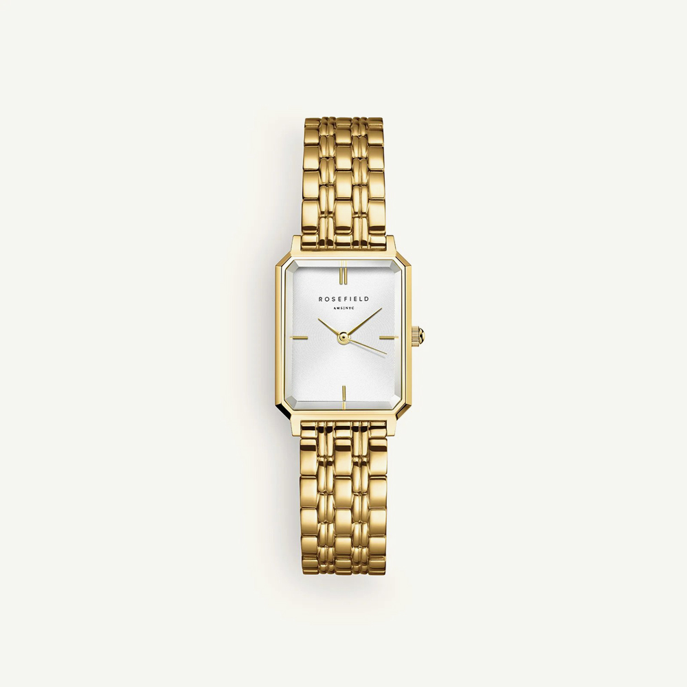 ROSEFIELD Ladies Octagon XS White Dial Golden Bracelet Watch & Three Pave Crystal Heart Bracelet Gift Set OWGHG-X296