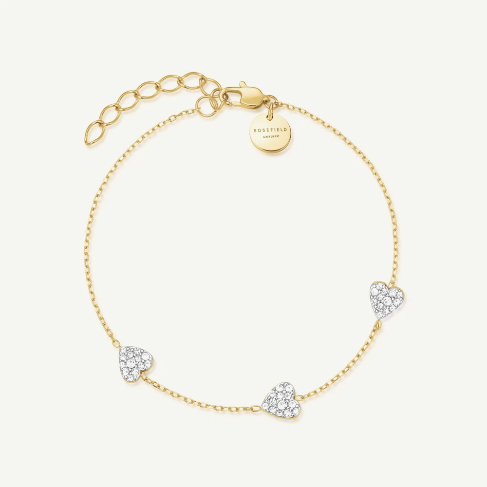 ROSEFIELD Ladies Octagon XS White Dial Golden Bracelet Watch & Three Pave Crystal Heart Bracelet Gift Set OWGHG-X296