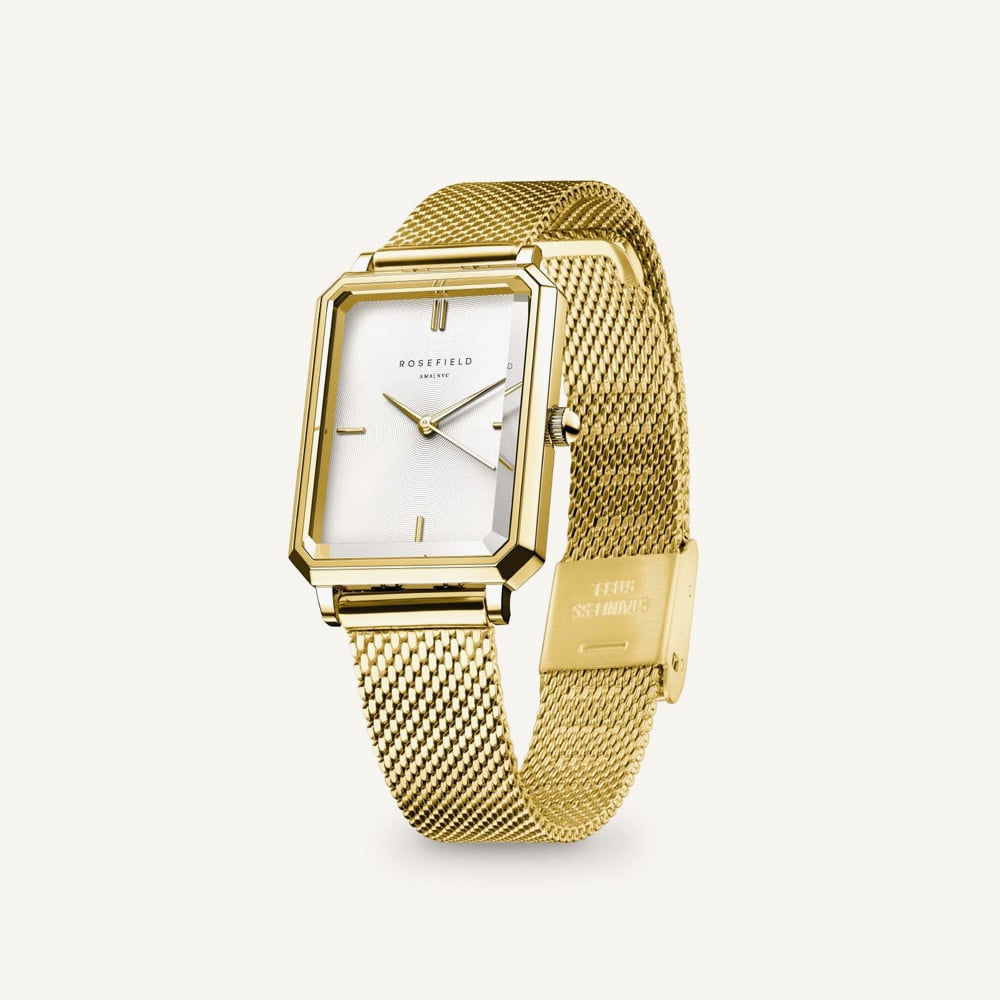 ROSEFIELD Ladies Octagon XS Silver Dial Golden Mesh Bracelet Watch OWGMG-O73