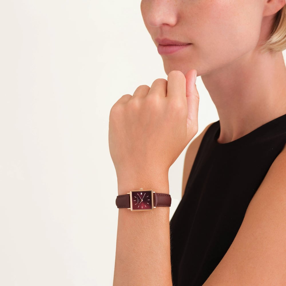 ROSEFIELD Ladies Boxy XS Red Dial Leather Strap Watch QBBLR-Q56