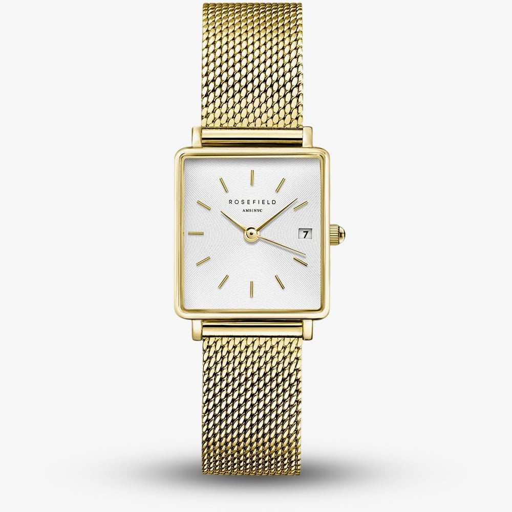 ROSEFIELD Ladies Boxy XS White Dial Golden Mesh Bracelet Watch QMWMG-Q039