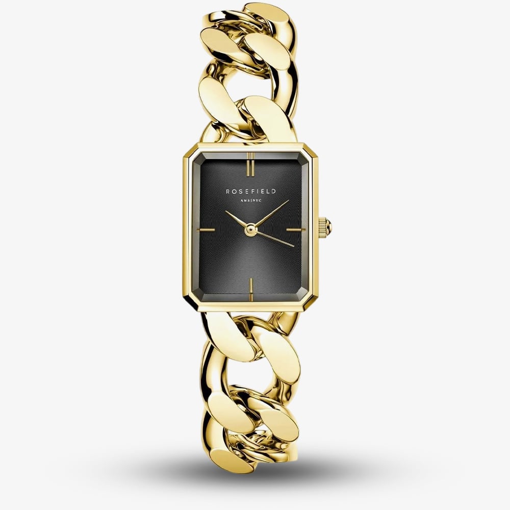 ROSEFIELD Ladies Studio Octagon XS Black Dial Golden Curb Chain Bracelet Watch SBGSG-O57