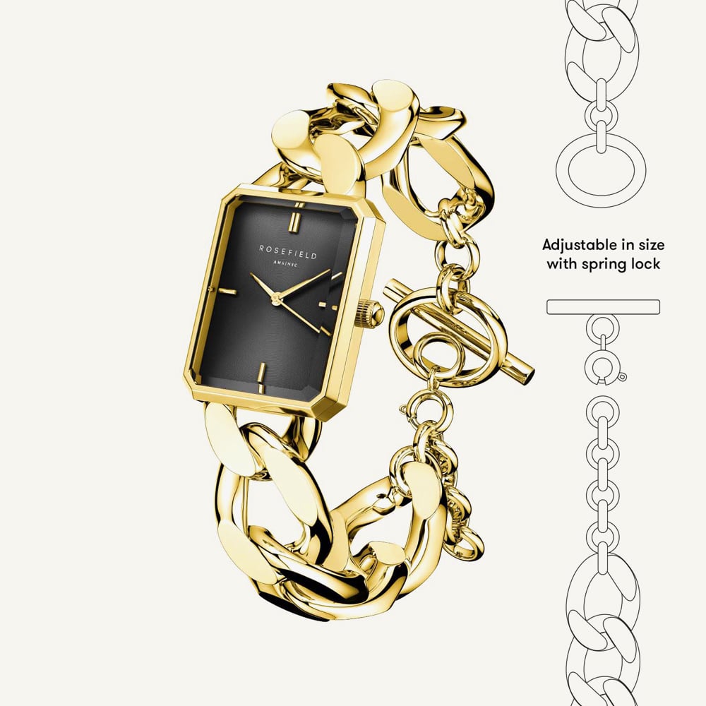 ROSEFIELD Ladies Studio Octagon XS Black Dial Golden Curb Chain Bracelet Watch SBGSG-O57