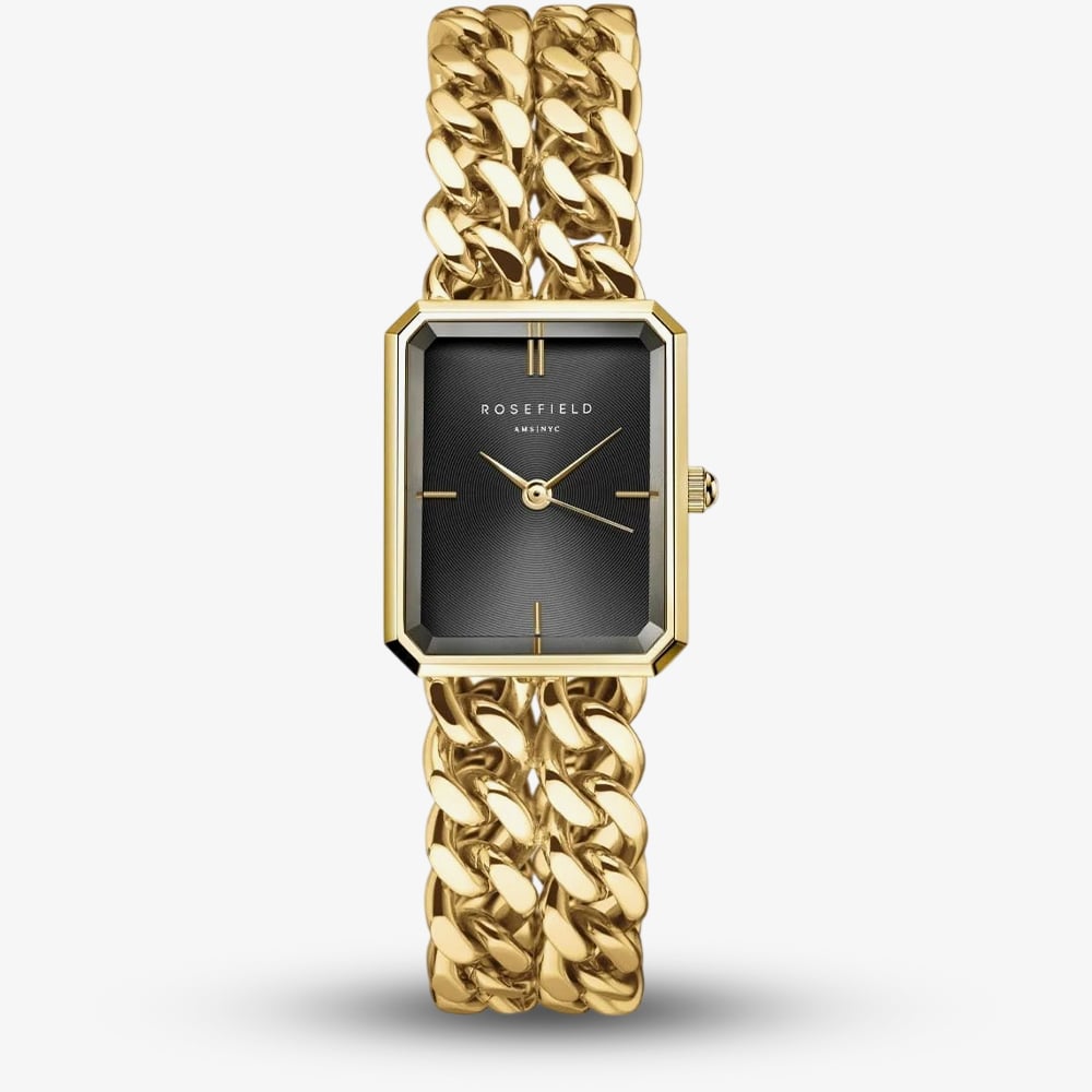 ROSEFIELD Ladies Studio Octagon Black Dial Double Curb Chain Golden Bracelet Watch SBGSG-O77