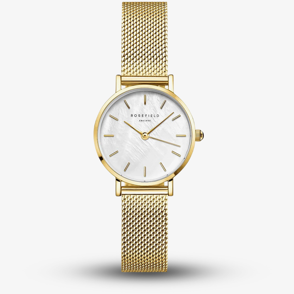 ROSEFIELD Ladies Small Edit White Mother of Pearl Dial Golden Mesh Bracelet Watch SMGMG-S06